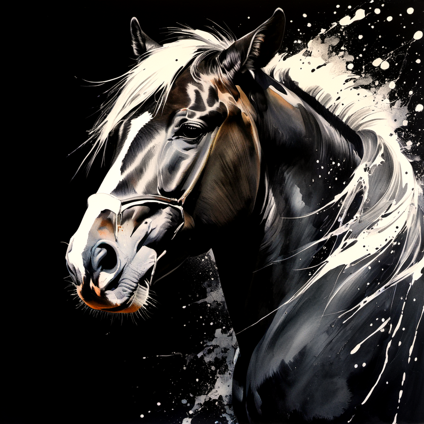 Rendered in a traditional ink wash style, this painting captures the spirit of a black horse through the interplay of black and white.