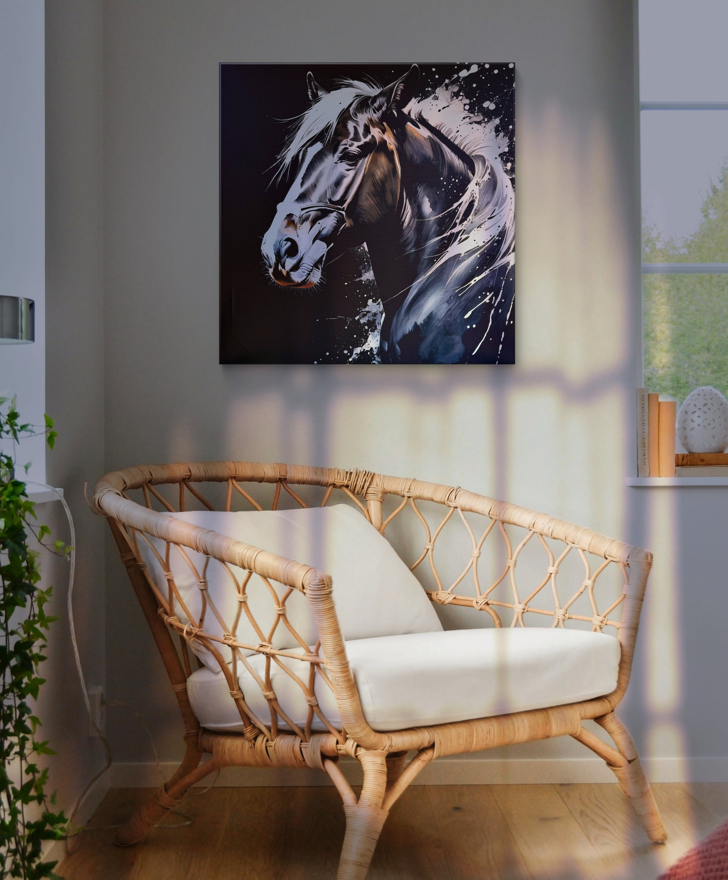 Rendered in a traditional ink wash style, this painting captures the spirit of a black horse through the interplay of black and white.