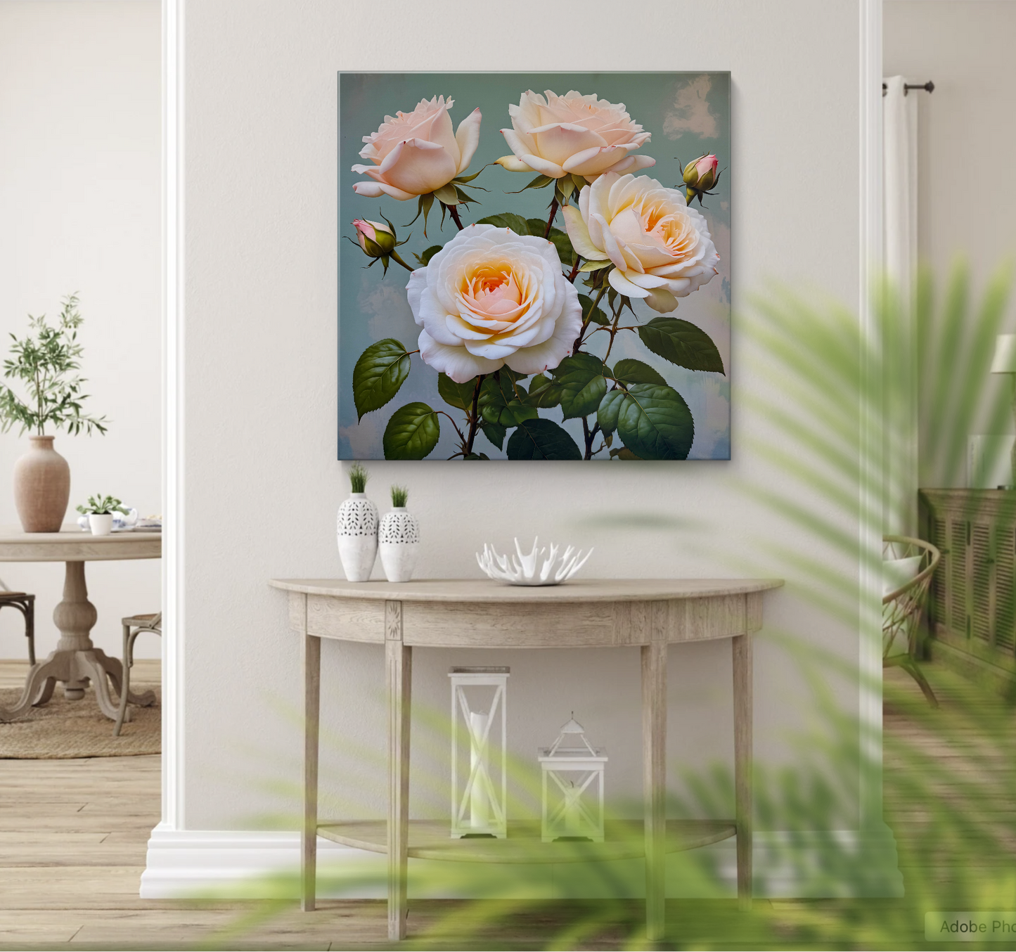 A beautifully detailed and realistic art of a cluster of pale peach and cream-colored roses in full bloom