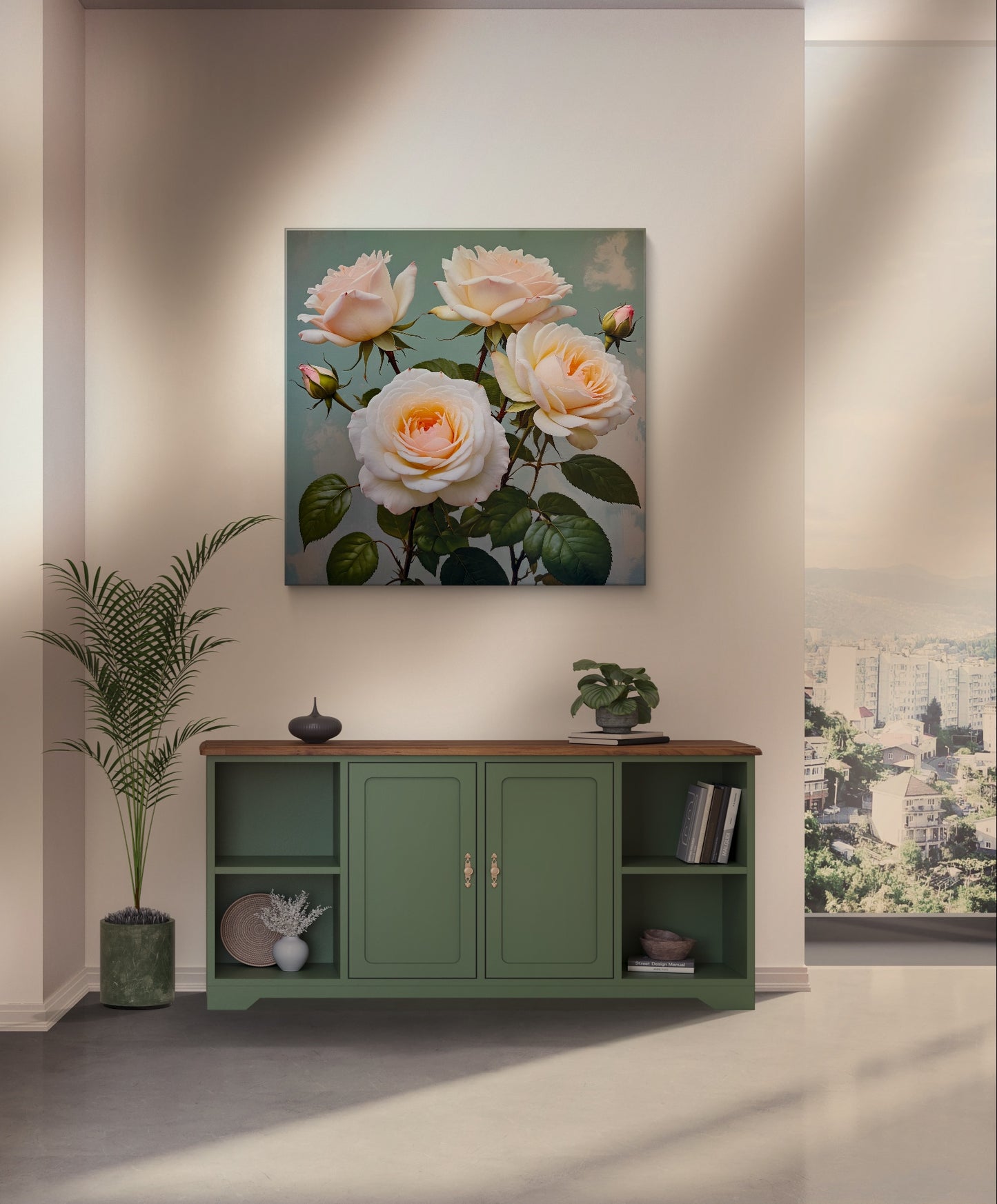 A beautifully detailed and realistic art of a cluster of pale peach and cream-colored roses in full bloom