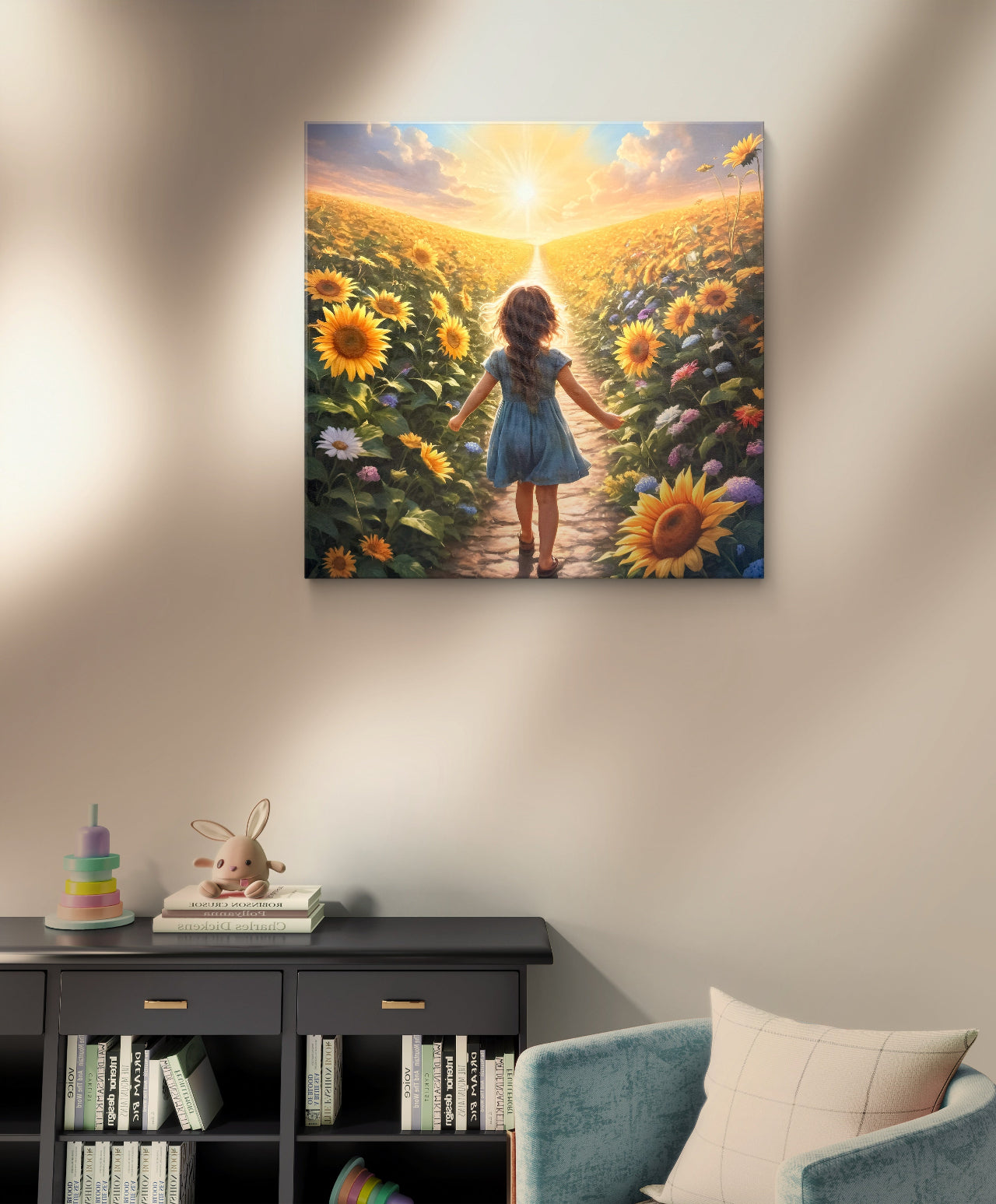 Sunflower Dream Print – Girl Walking Into Light, Growth & Childhood Wall Arts