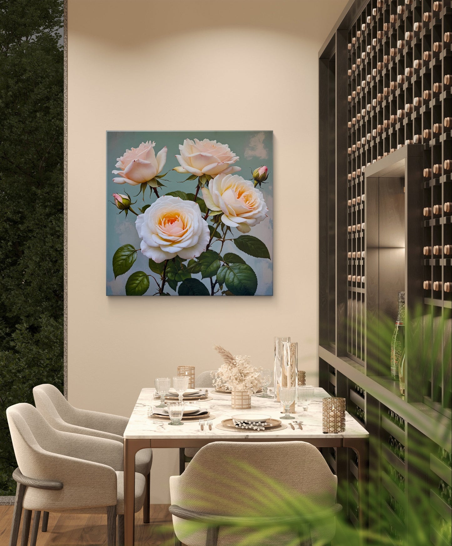 A beautifully detailed and realistic art of a cluster of pale peach and cream-colored roses in full bloom