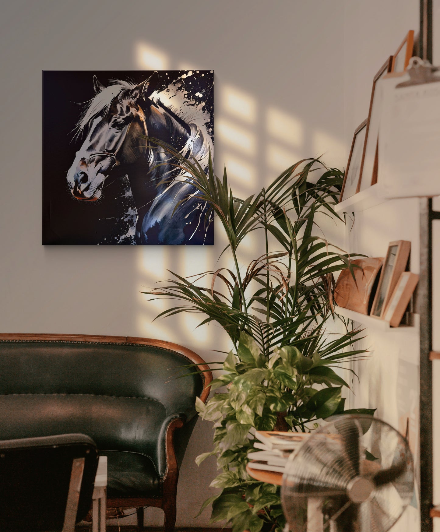 Rendered in a traditional ink wash style, this painting captures the spirit of a black horse through the interplay of black and white.