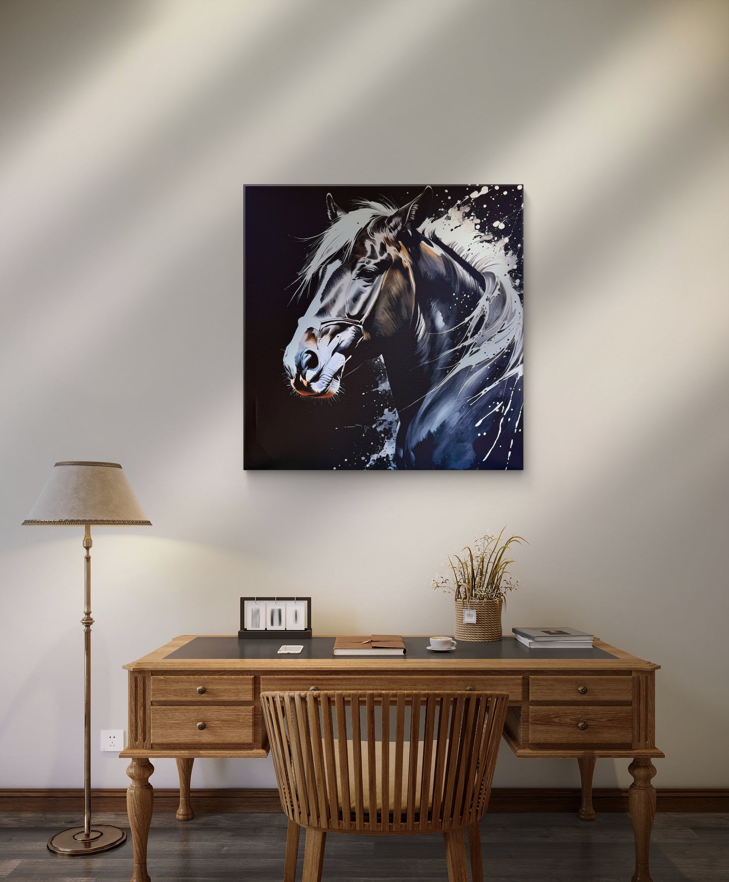 Rendered in a traditional ink wash style, this painting captures the spirit of a black horse through the interplay of black and white.