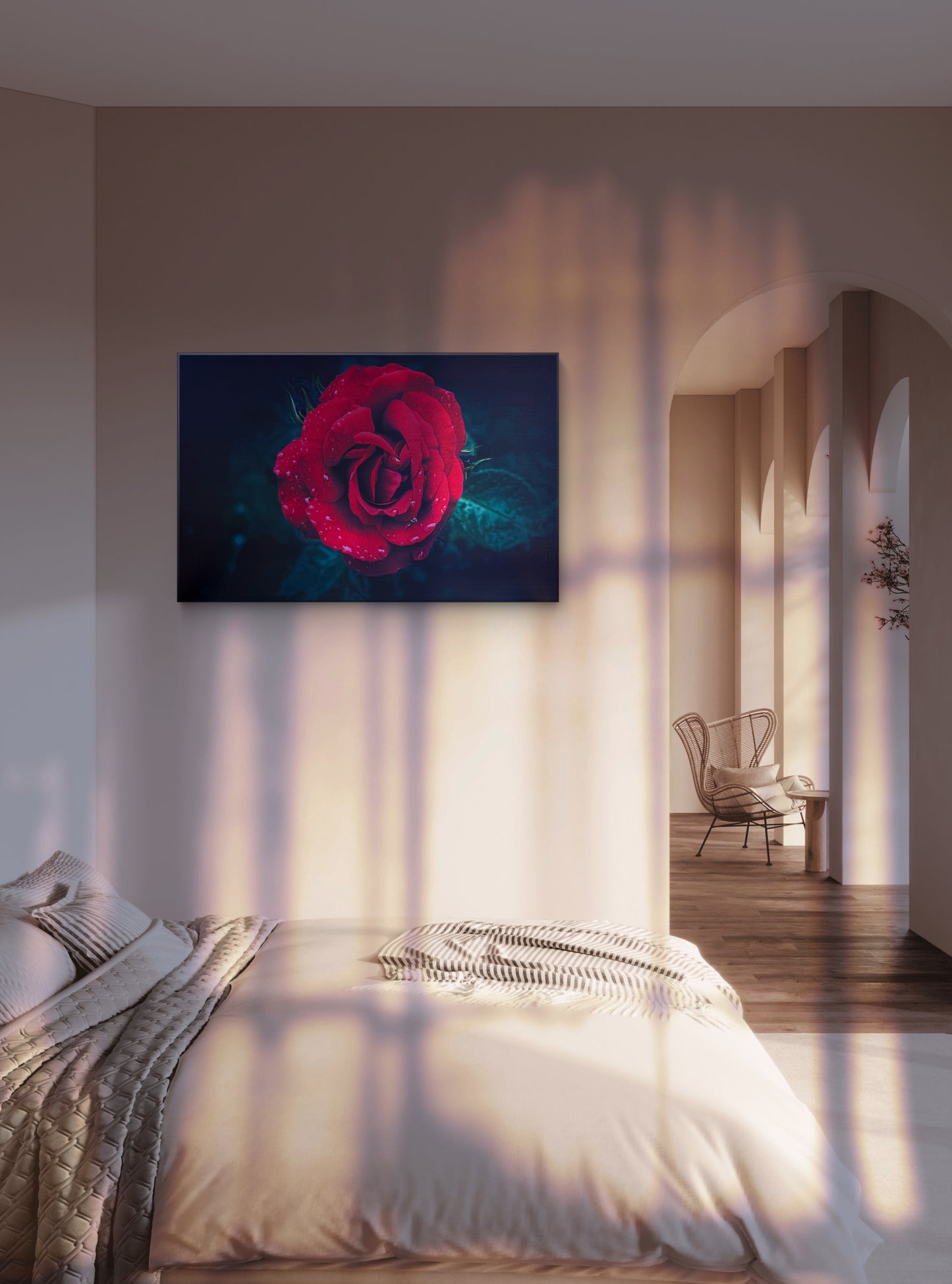 A single fully-bloomed red rose in vivid detail