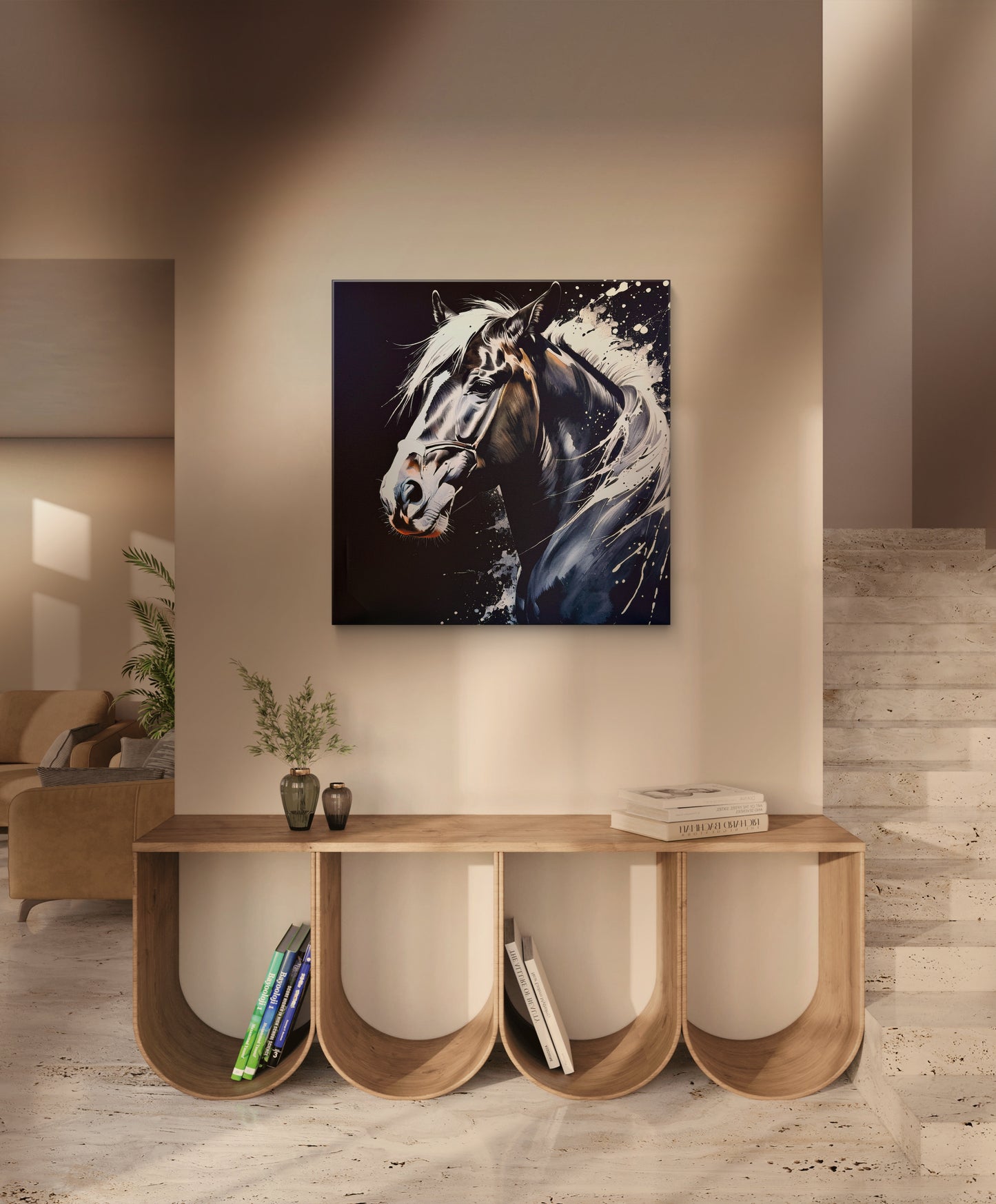 Rendered in a traditional ink wash style, this painting captures the spirit of a black horse through the interplay of black and white.