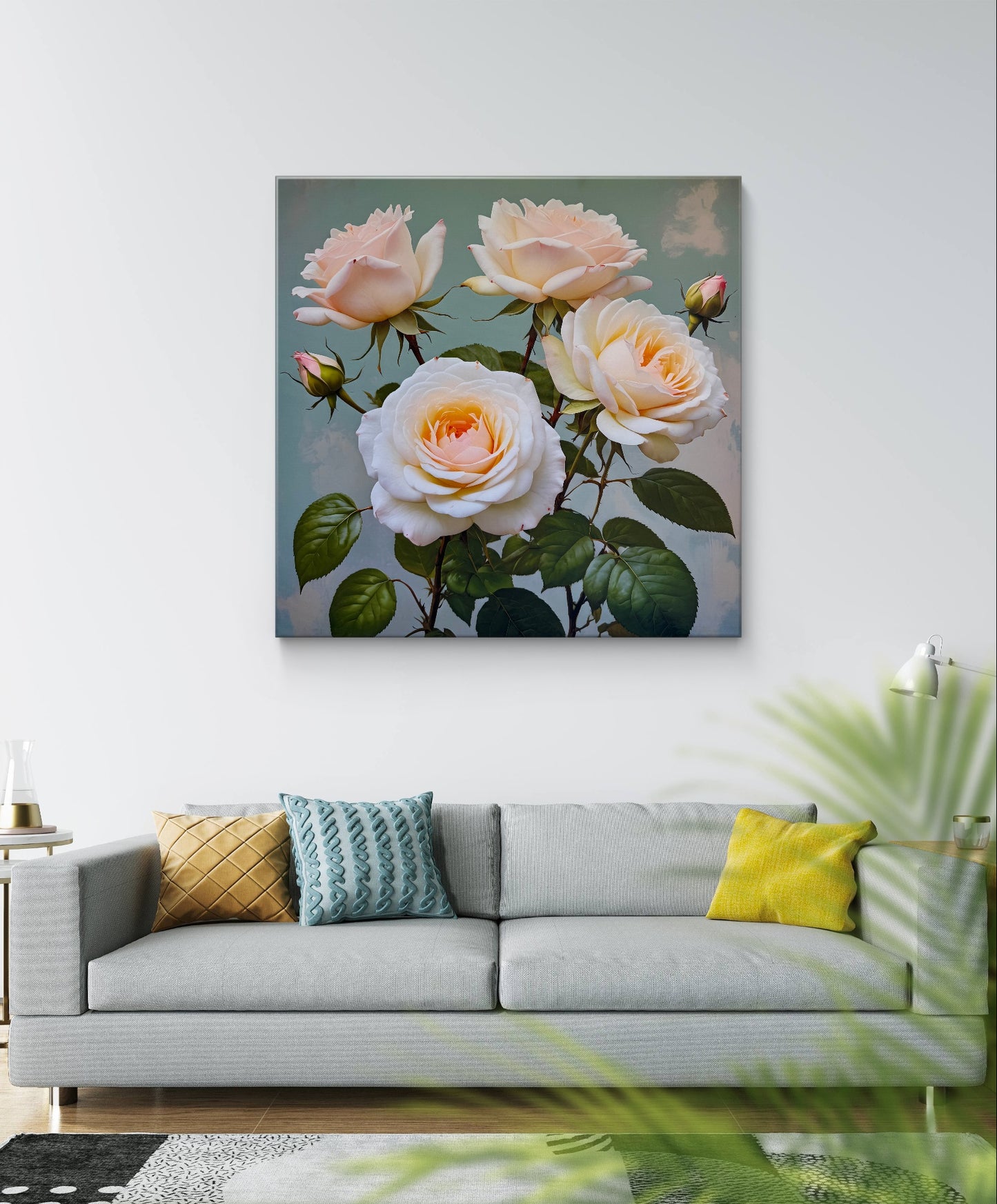A beautifully detailed and realistic art of a cluster of pale peach and cream-colored roses in full bloom
