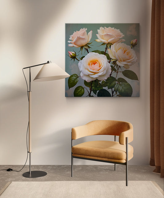 A beautifully detailed and realistic art of a cluster of pale peach and cream-colored roses in full bloom