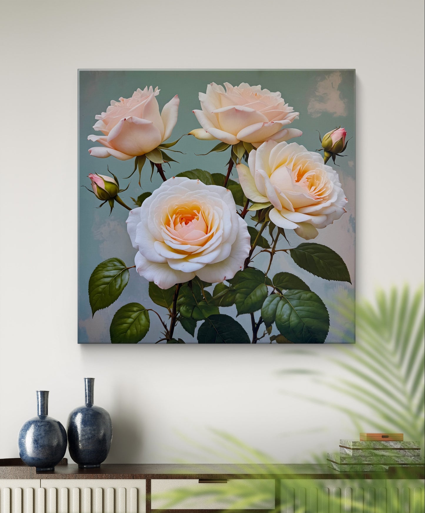 A beautifully detailed and realistic art of a cluster of pale peach and cream-colored roses in full bloom