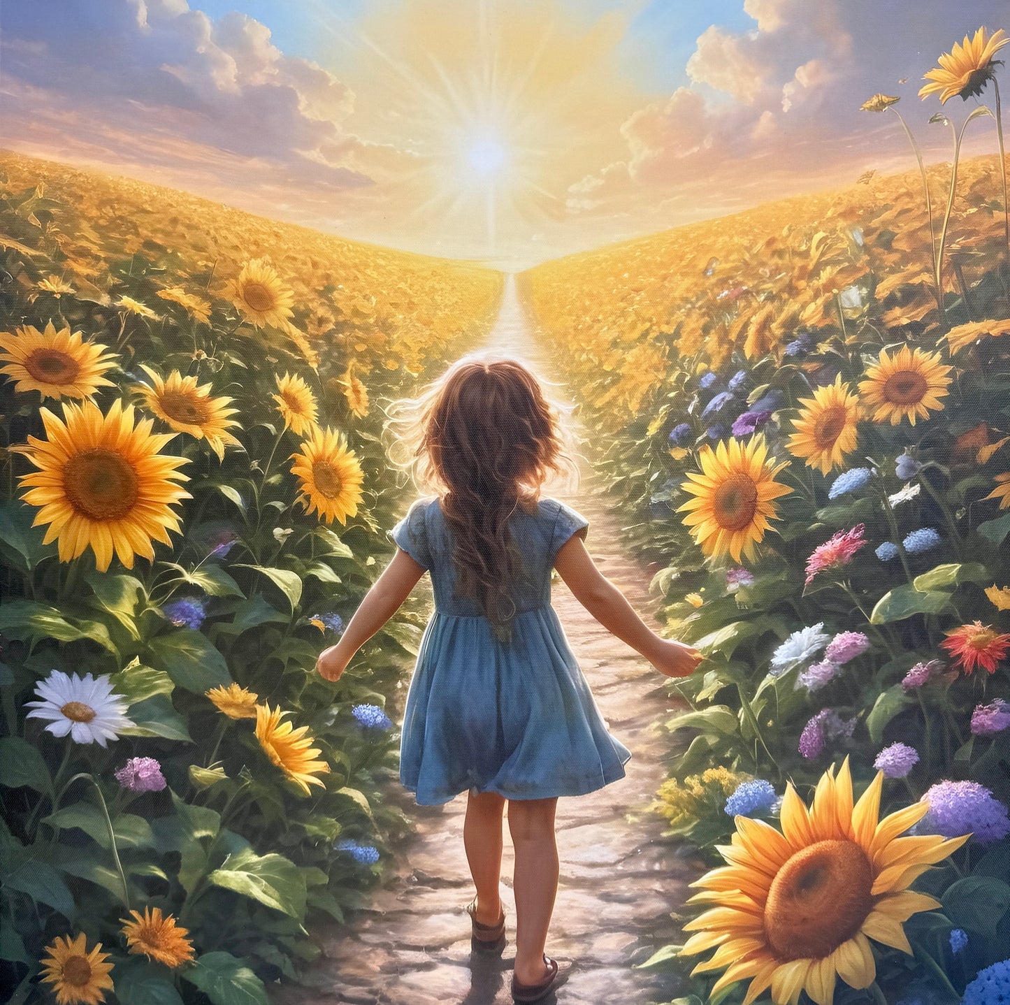 Sunflower Dream Print – Girl Walking Into Light, Growth & Childhood Wall Arts