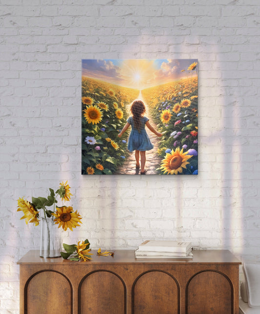 Sunflower Dream Print – Girl Walking Into Light, Growth & Childhood Wall Arts