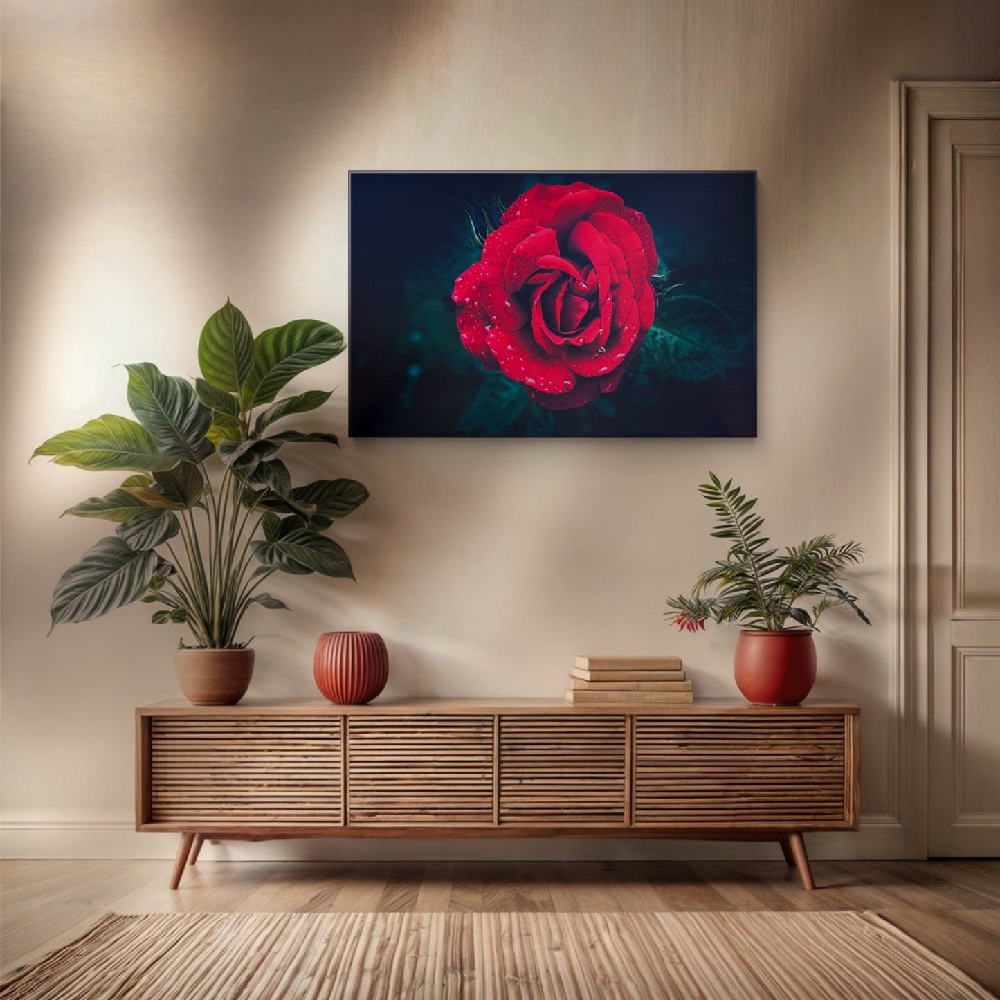 A single fully-bloomed red rose in vivid detail