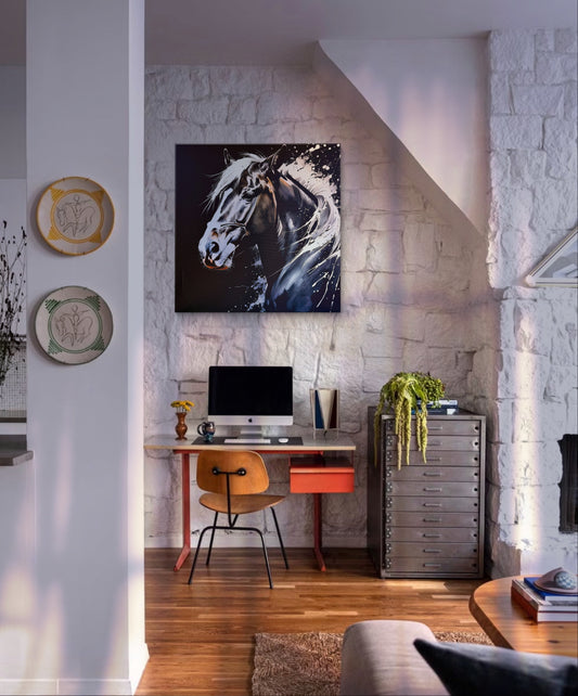 Rendered in a traditional ink wash style, this painting captures the spirit of a black horse through the interplay of black and white.