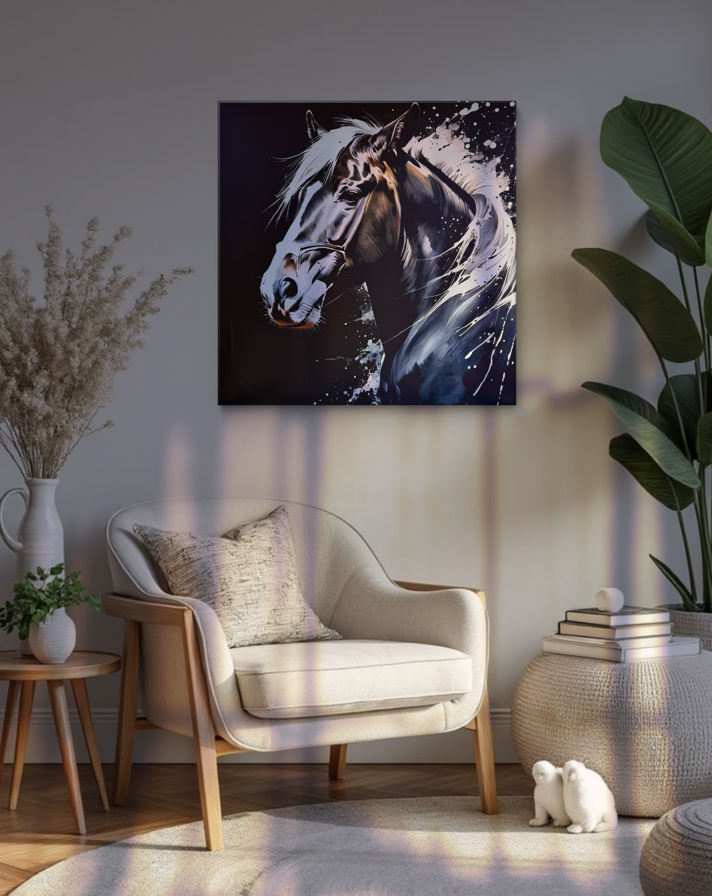 Rendered in a traditional ink wash style, this painting captures the spirit of a black horse through the interplay of black and white.