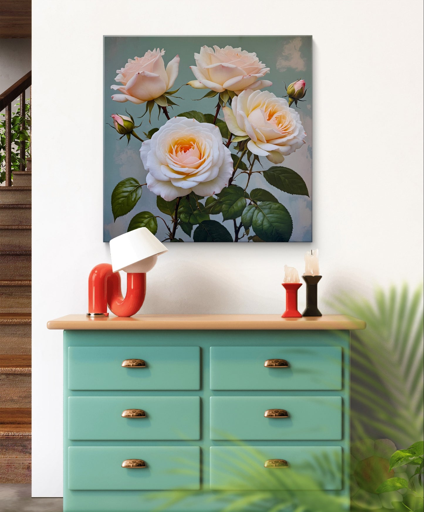 A beautifully detailed and realistic art of a cluster of pale peach and cream-colored roses in full bloom