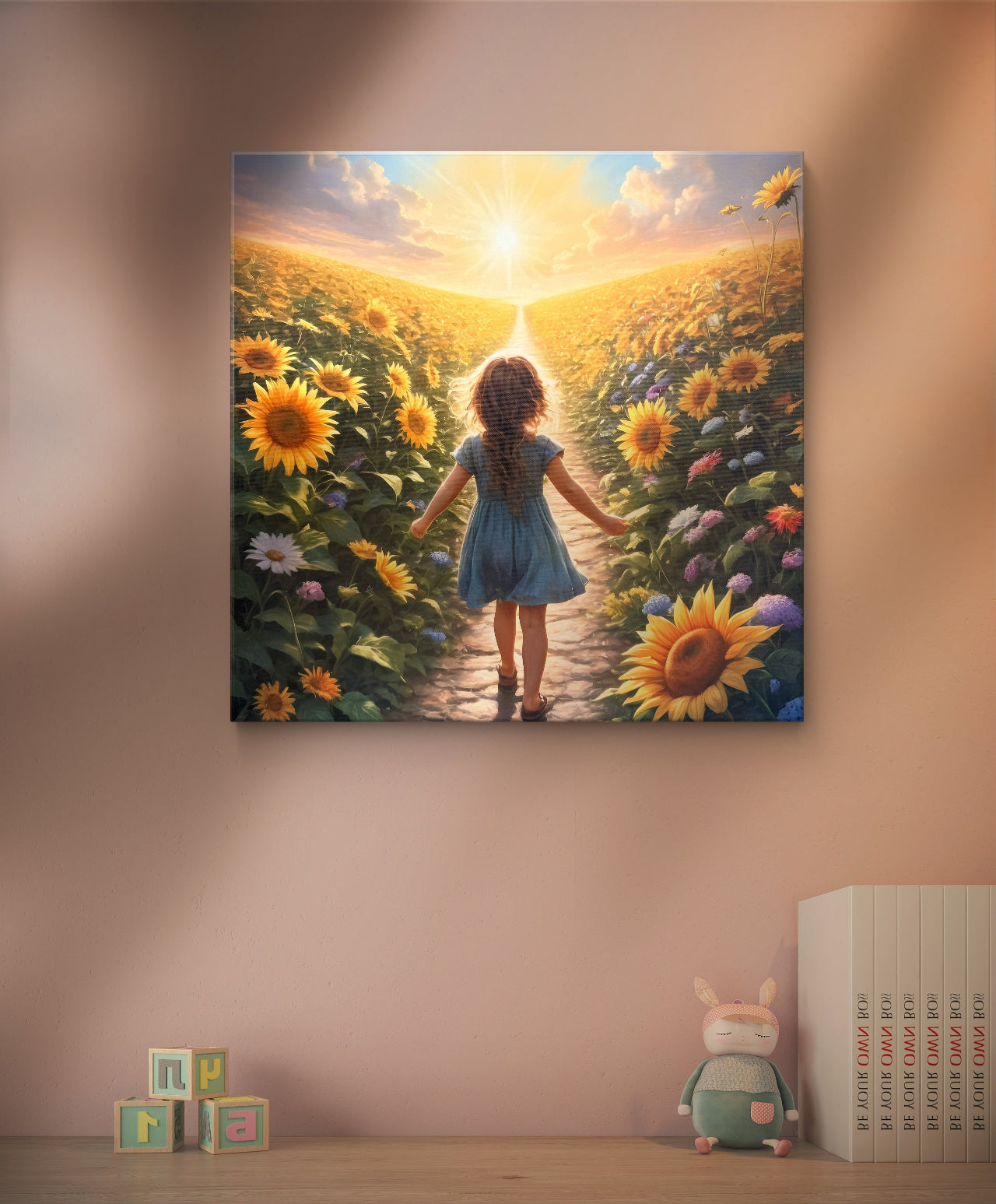 Sunflower Dream Print – Girl Walking Into Light, Growth & Childhood Wall Arts