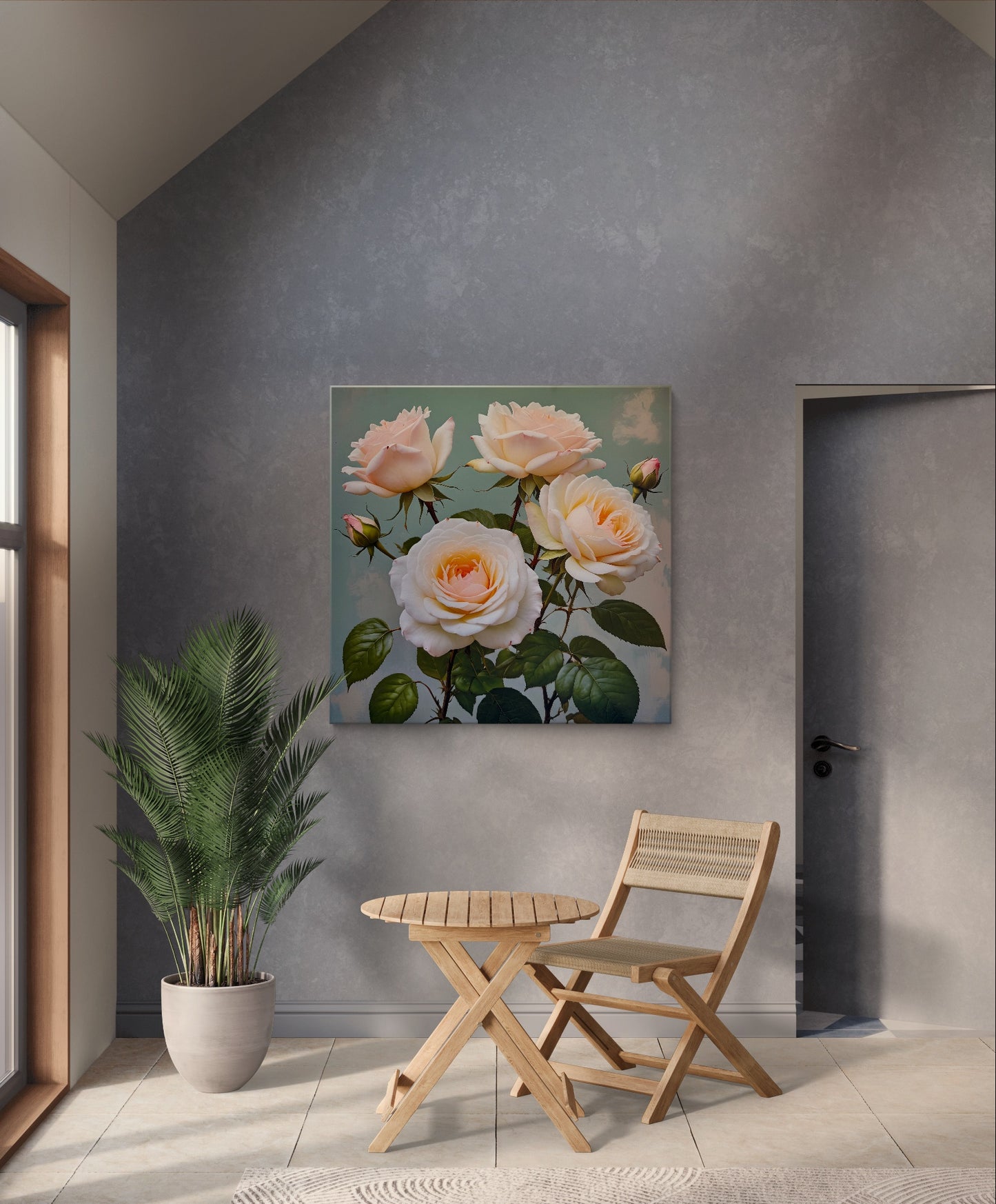 A beautifully detailed and realistic art of a cluster of pale peach and cream-colored roses in full bloom