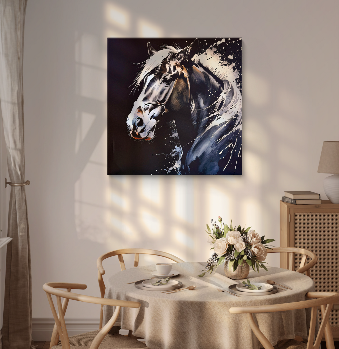 Rendered in a traditional ink wash style, this painting captures the spirit of a black horse through the interplay of black and white.
