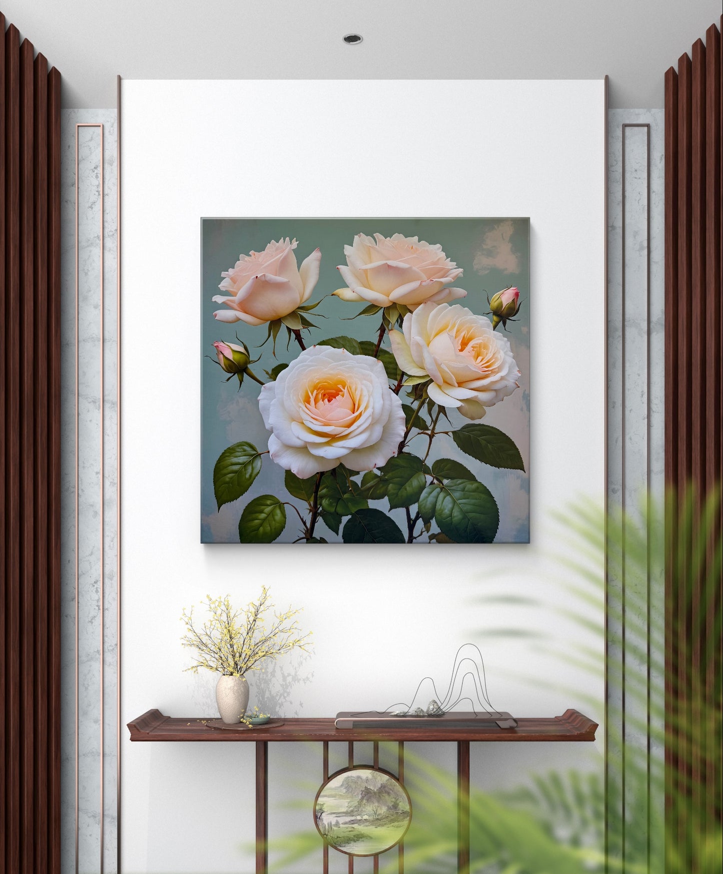 A beautifully detailed and realistic art of a cluster of pale peach and cream-colored roses in full bloom