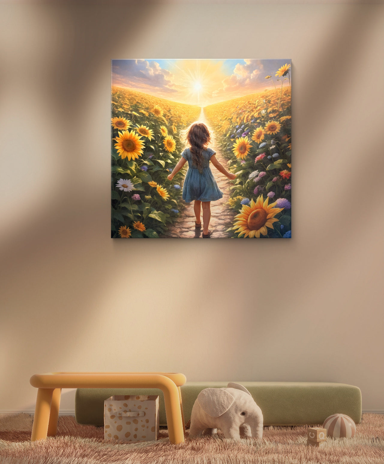 Sunflower Dream Print – Girl Walking Into Light, Growth & Childhood Wall Arts