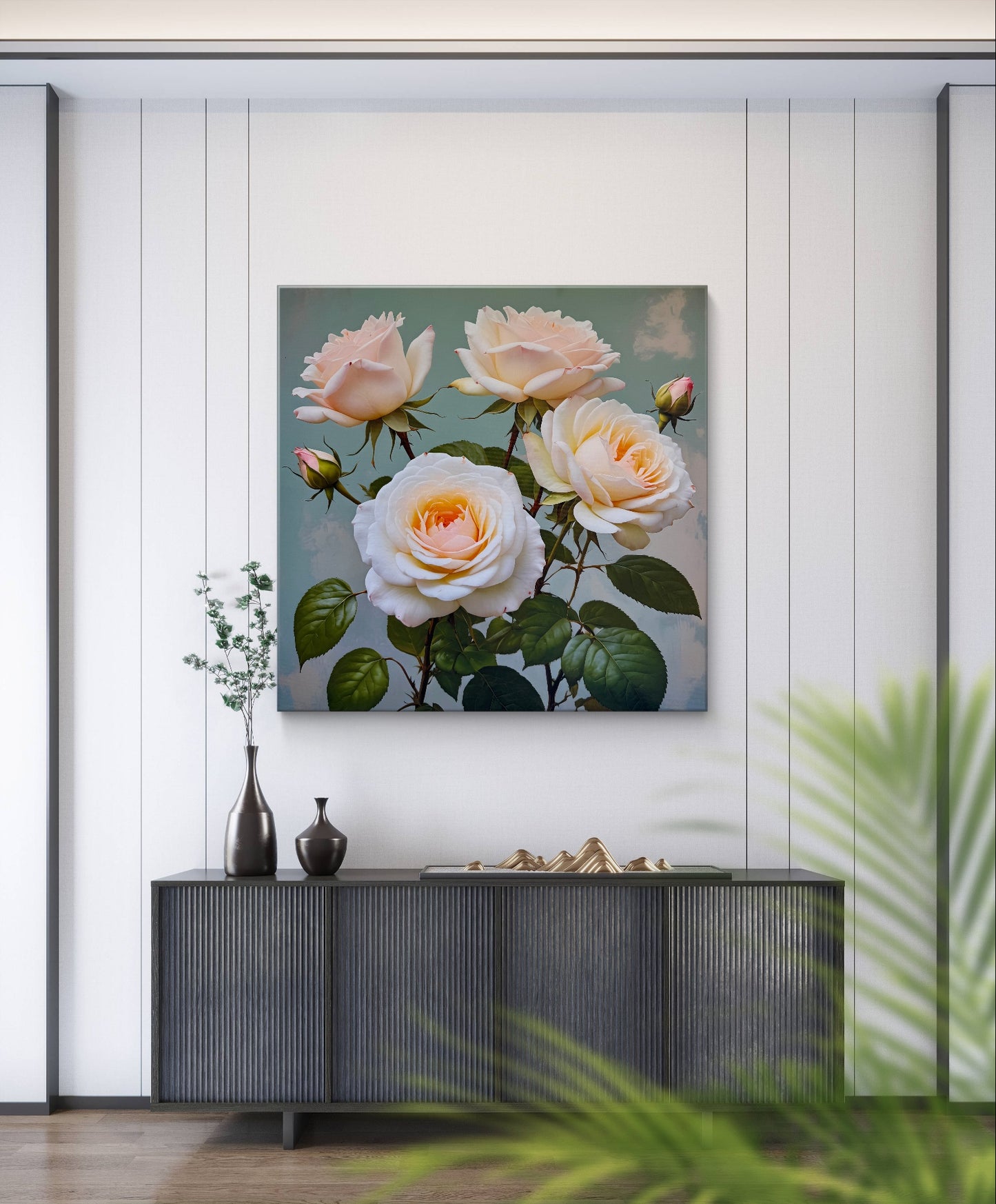 A beautifully detailed and realistic art of a cluster of pale peach and cream-colored roses in full bloom