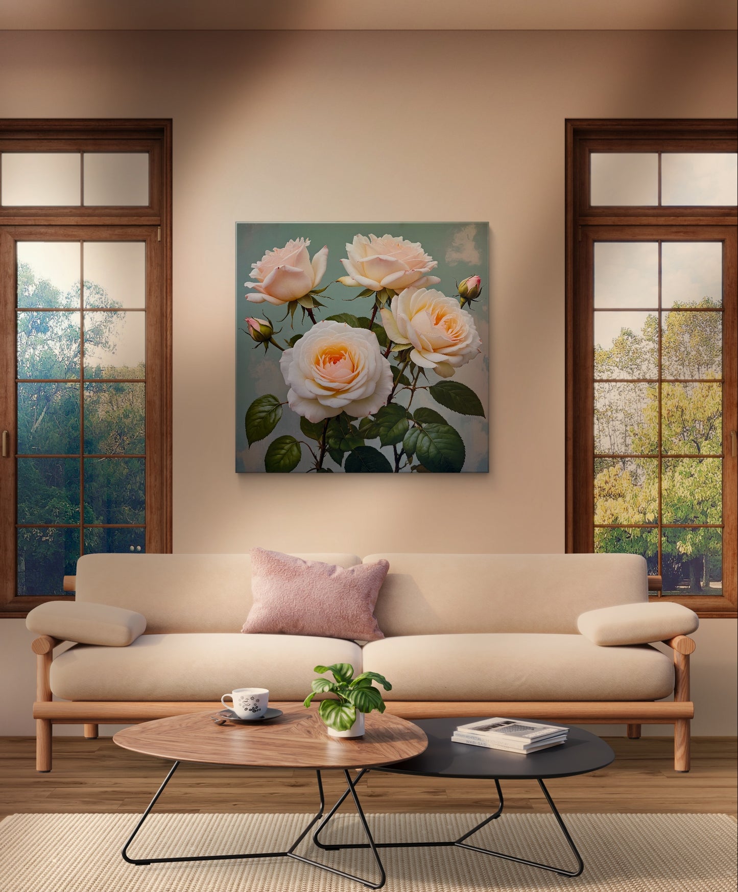 A beautifully detailed and realistic art of a cluster of pale peach and cream-colored roses in full bloom